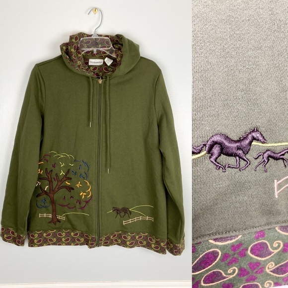 breckenridge Tops - Breckenridge Zip Up Hoodie Embroidered Horse Print Paisley Preppy Farm Size L
